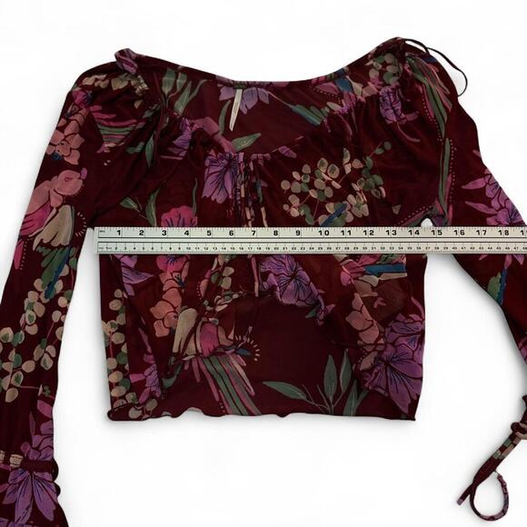 Free People Burgundy Floral Print Cropped Top With Bell Sleeves and tie front - Picture 4 of 7